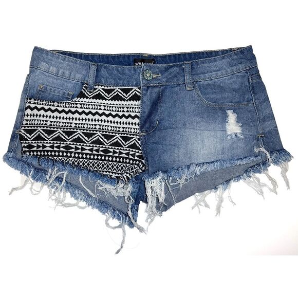Wet Seal Denim Shorts | Y2K Vintage Low Rise Western Aztec Patchwork | Size 9 - Picture 1 of 5